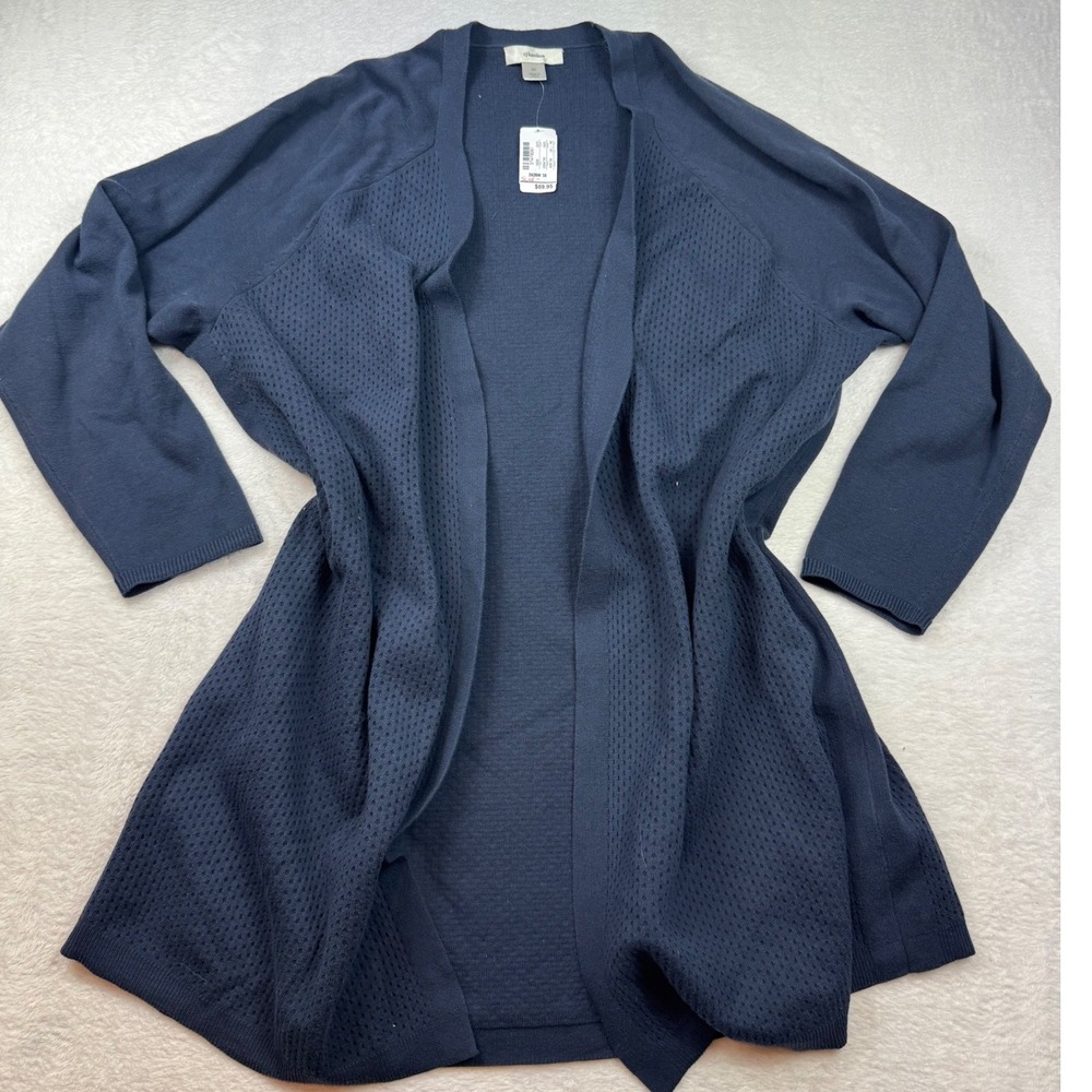 CJ Banks Womens 3X Navy Blue Open Front Pointelle Knit Cardigan Sweater NWT